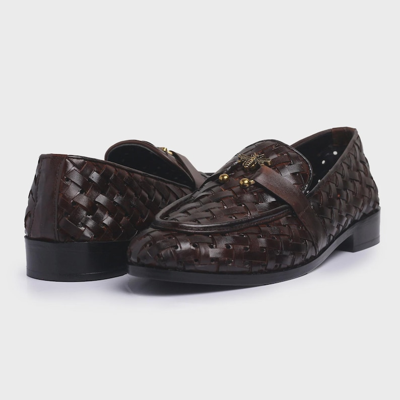 Handmade brown woven leather loafers for men with gold bee ornament, luxury slip-on formal dress shoes.