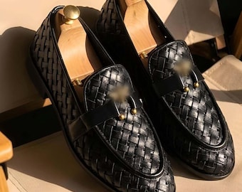 Handgefertigte schwarze gewebte Leder Loafers, Herren Slip On Dress Schuhe, Hochzeitsschuhe