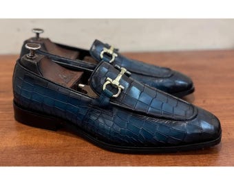 Handmade Leather Blue Moccasins Alligator Texture Formal Dress Loafer Mens Shoes