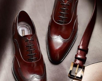 Men’s Brown Leather Oxford Shoes, Handmade Formal Dress Shoes with Belt