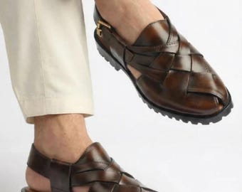 Handmade Brown Leather Peshawari Chappal Sandals: Traditional Mens Footwear