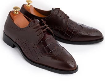 Handmade Brown Wingtip Oxford Shoes Crocodile Embossed Leather Dress Shoes Men