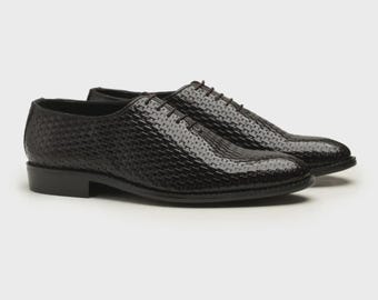 Handmade Black Woven Leather Oxford Shoes Men Formal Wedding Office Dress Footwear