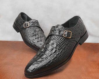 Handgefertigte schwarze Alligator Krokodilleder Single Monk Strap Luxus Slip-On Dress Schuhe für Männer