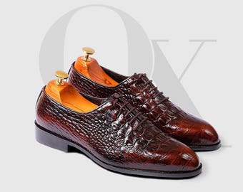 Handmade Brown Alligator Texture Leather Oxford Shoes: Men's Formal Shoes