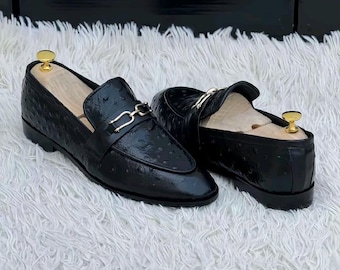 Handmade Black Ostrich Leather Loafers: Men's Formal Dress Shoes