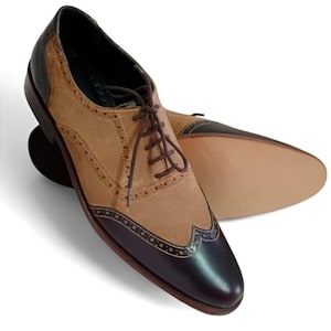 Bespoke Handmade Made To Measure Two Tone Premium Quality Leather Wingtip Brogue Oxford Lace Up Party Wears Anniversary Gift Mens Dress Shoe