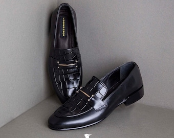 Handmade Men’s Black Crocodile Leather Moccasin shoes – Luxury Formal Dress Shoes