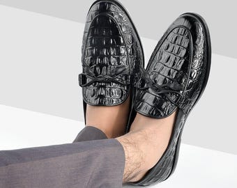 Handmade Crocodile Texture Leather Dress Shoes: Black Patina