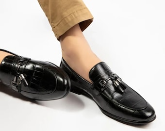 Handmade Black Leather Loafers, Men's Formal Dress Shoes