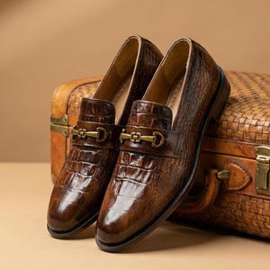 Handmade Crocodile Emboss Leather Loafers, Men's Horsebit Detail Dress Shoes image 1