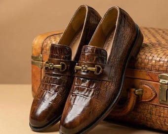 Handmade Crocodile Emboss Leather Loafers, Men's Horsebit Detail Dress Shoes