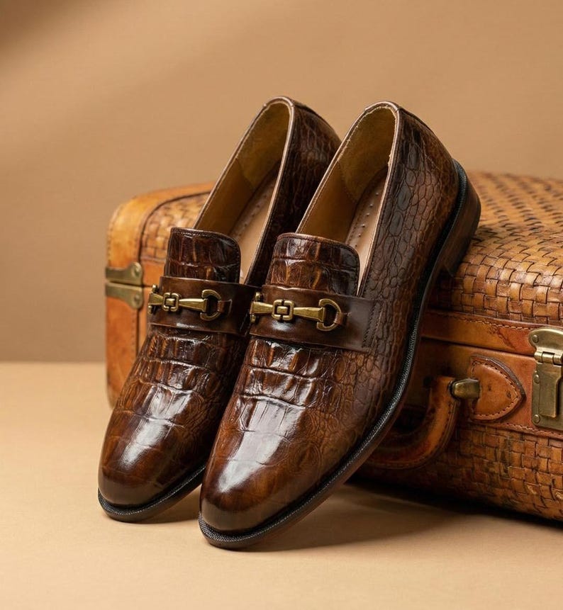 Handmade Crocodile Emboss Leather Loafers, Men's Horsebit Detail Dress Shoes image 1