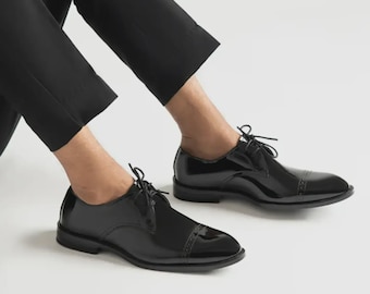 Handcrafted Black Patent Leather Oxford Shoes for Men Formal Wedding Business