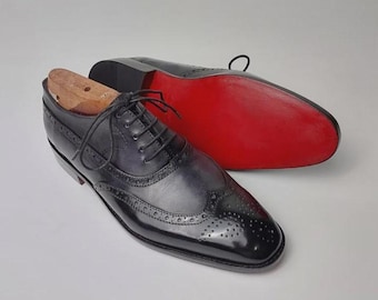 Handmade Black Leather Wingtip Brogue Oxford Shoes: Red Sole