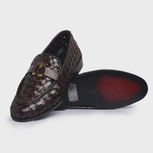 Handmade brown woven leather loafers for men with gold bee ornament, luxury slip-on formal dress shoes.