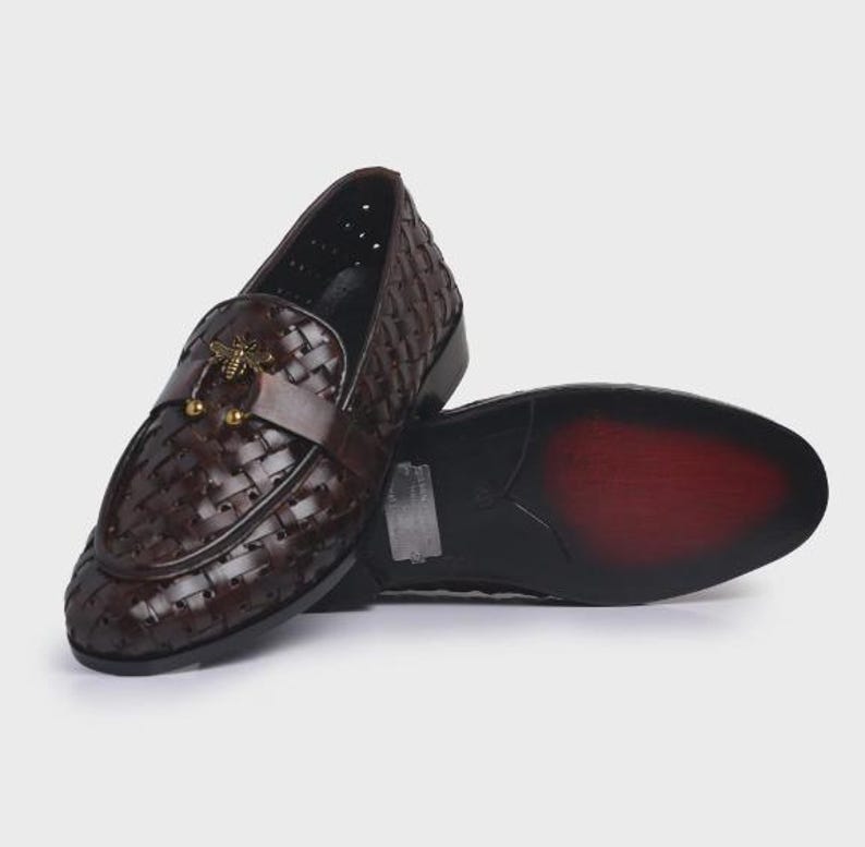 Handmade brown woven leather loafers for men with gold bee ornament, luxury slip-on formal dress shoes.