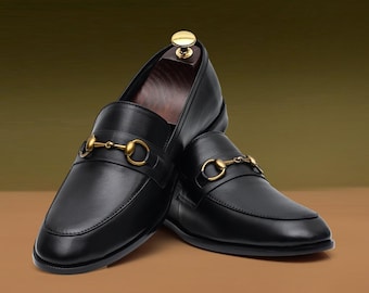 Black Slip On Mens Horsebit Loafers Full Grain Calf Leather Handmade Dress Shoe