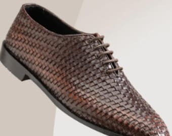 Handmade Brown Woven Leather Oxford | Men's Italian Style Dress Shoes | Luxury Formal Shoes