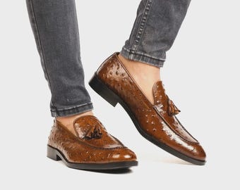 Handmade Brown Ostrich Leather Tassel Loafers, Men's Luxury Dress Shoes