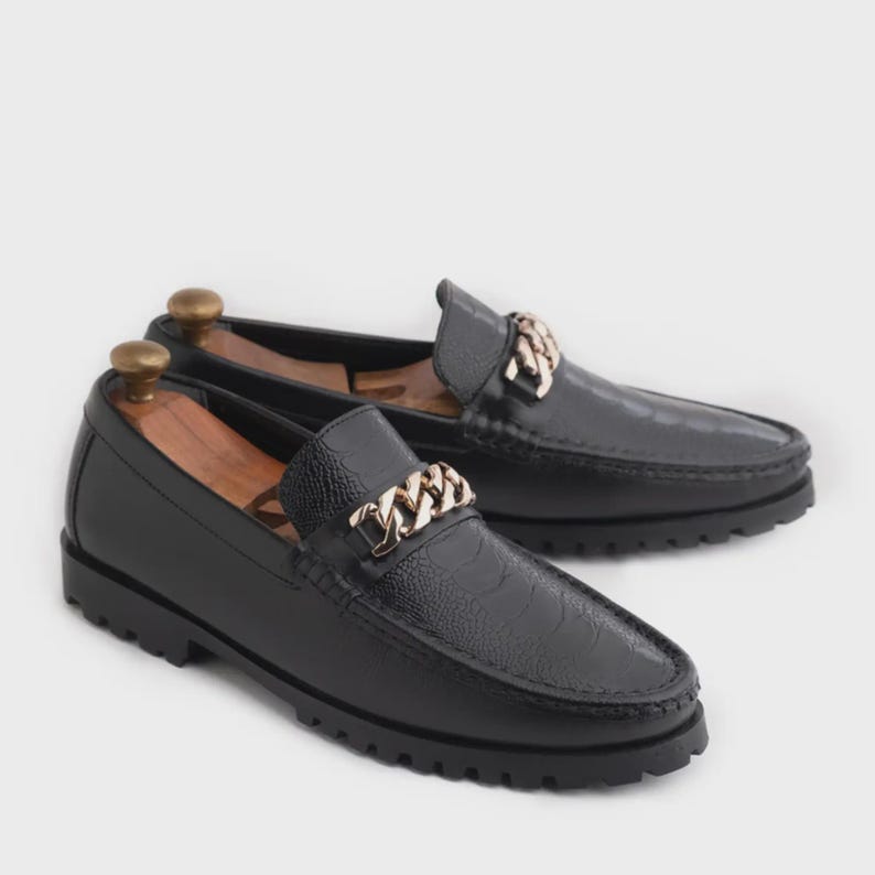 Handmade Black Leather Chain Loafers for Men, genuine calfskin, crocodile embossed vamp, gold-tone chain, lug sole, dress casual, gift ready
