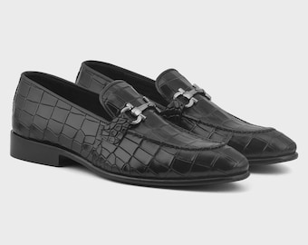 Mocassini da uomo in pelle nera con stampa coccodrillo, scarpe eleganti con morsetto, modello slip-on in stile italiano