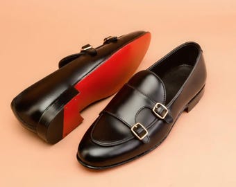 Premium Leather Monk Strap Shoes Red Sole | Men Monk Shoes | Handmade Good Year Welted Dress Shoes | Formal Dress Shoes