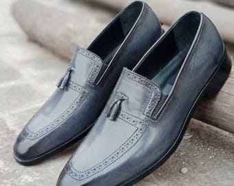 Men’s Handmade Gray Leather Moccasin Shoes – Elegant & Comfortable