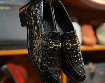 Men’s Handmade Black Croco Leather Loafers | Handmade Slip-On Shoes with Horse Bit Detail