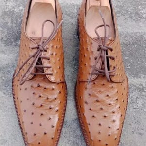 Handmade Brown Ostrich Leather Oxfords: Men's Cap Toe Dress Shoes