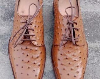 Handmade Brown Ostrich Leather Oxfords: Men's Cap Toe Dress Shoes