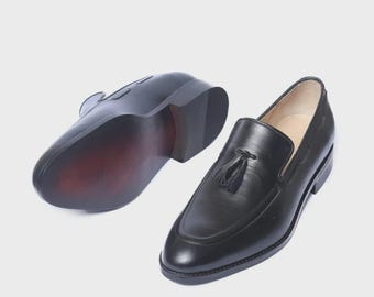 Handmade Black Leather Tassel Loafers, Classic Men's Dress Shoes, Formal Wedding Footwear