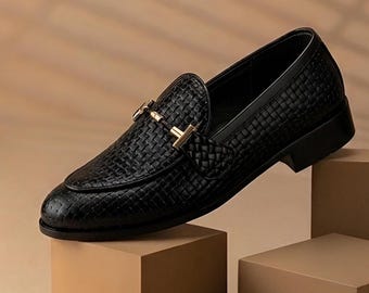 Handgefertigte Leder-Müßiggänger, schwarz gewebt, Herrenkleid Slip-on, Horsebit-Detail
