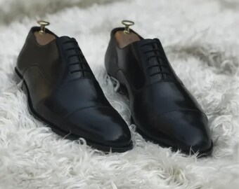 Italian Handmade black Leather whole cut oxford shoes: Men's Luxury Lace up dress shoes