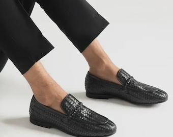 Handmade Men’s Black Woven Leather Loafers | Luxury Slip-On Shoes | Formal & Casual Wear