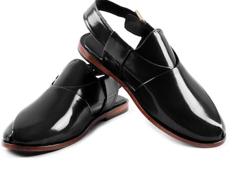 Handmade Black Patent Leather Peshawari Chappal: Men's Authentic Sandals