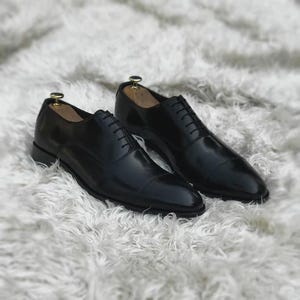 Italian Handmade black Leather whole cut oxford shoes: Men's Luxury Lace up dress shoes image 2