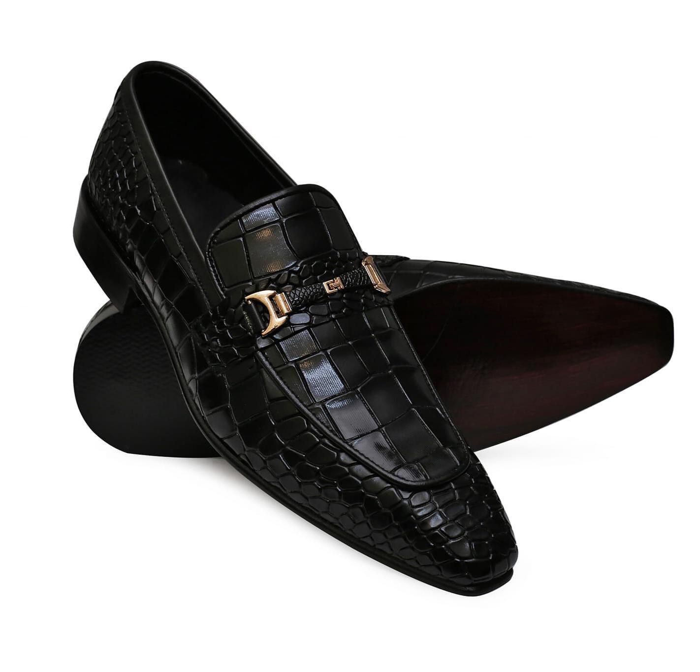 Men\'s Elegant Black Crocodile-Embossed Loafers Handmade Men main image 4