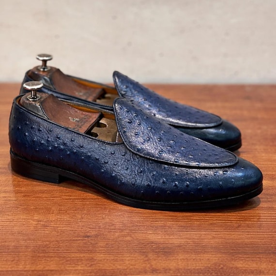 Handmade Blue Ostrich Leather Loafers: Men's Slip-On Shoes