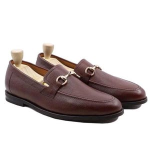 Handmade brown pebbled leather horsebit loafers for men featuring silver hardware, genuine leather lining, slip-on construction, and a luxury formal dress shoe design.