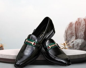 Zwarte leren Horsebit-loafers voor heren, handgemaakte luxe geklede schoenen