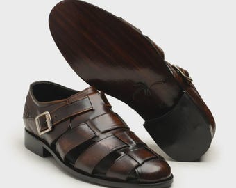 Handmade Brown Leather Fisherman Sandals, Men's Buckle Strap Dress Shoes