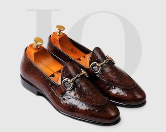 Handmade Brown Ostrich Leather Loafers for Men, Luxury Italian Style Dress Shoes