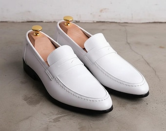 Custom Made White Leather Loafers – Men's Genuine Leather Penny Shoes for Office & Wedding