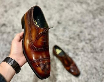 Handmade Men Brown leather cap toe Oxford shoes, men’s dress up brogue shoes.