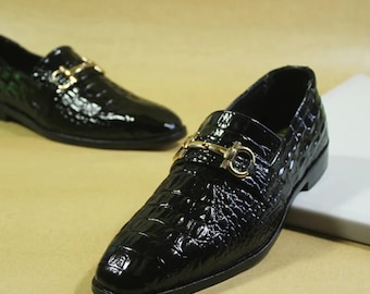 Handmade Alligator Textured Black Leather Loafers: Horsebit Slip-Ons