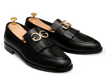 Handmade Leather Tassel Loafers: Men&#39;s Horsebit Slip-On Dress Shoes