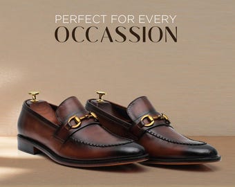 Męskie ręcznie robione skórzane buty, modne mokasyny Horsebit, brązowe eleganckie buty