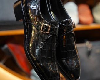 Handmade Black Alligator Embossed Leather Single Monk Strap Luxury Slip-On Dress Shoes for Men