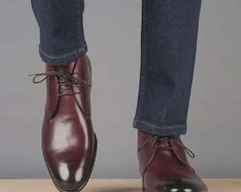 Handmade Leather Shoes, Men’s lace-up dress Boots, Burgundy Chukka, Custom size